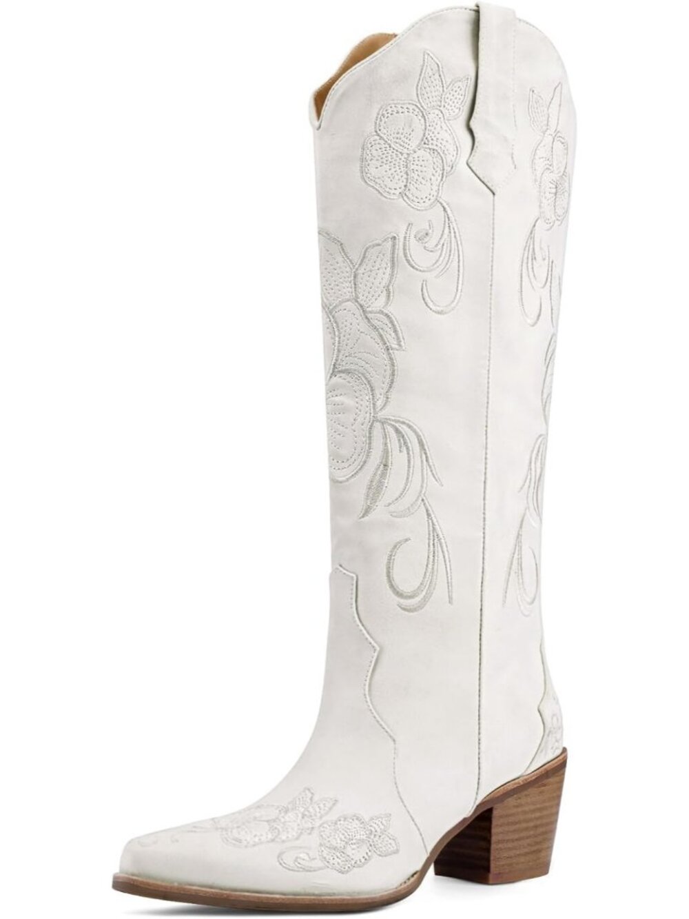 Women White Faux Leather Western Pointed Toe Cowboy Cowgirl Chunky Block Heel